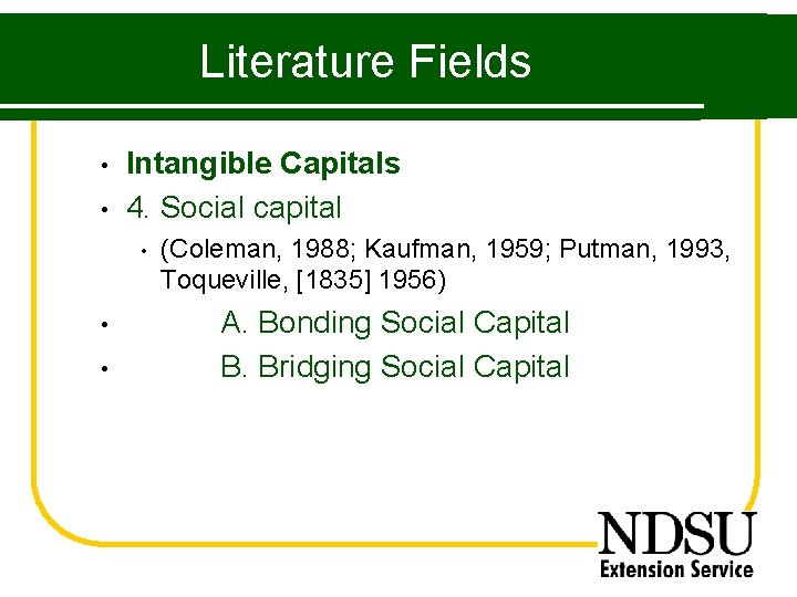 Literature Fields • • Intangible Capitals 4. Social capital • • • (Coleman, 1988;