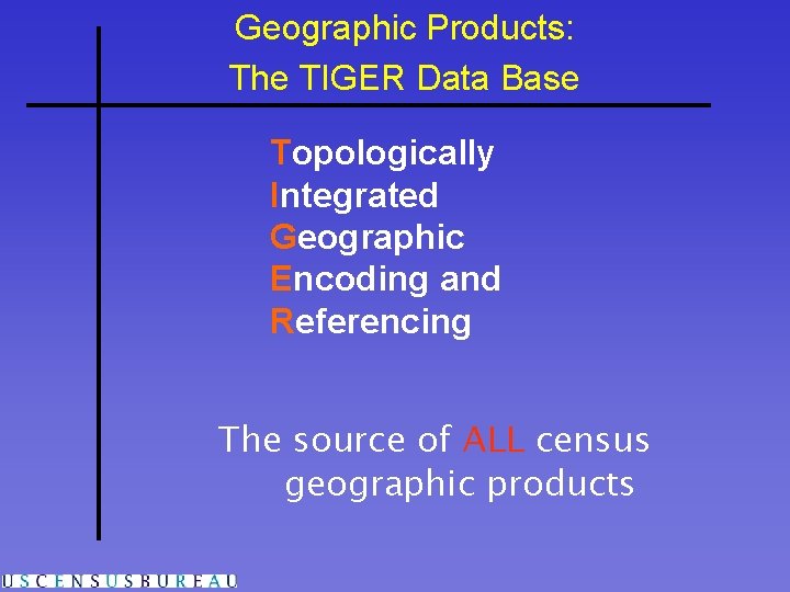 Geographic Products: The TIGER Data Base Topologically Integrated Geographic Encoding and Referencing The source Geographic Products: The TIGER Data Base Topologically Integrated Geographic Encoding and Referencing The source
