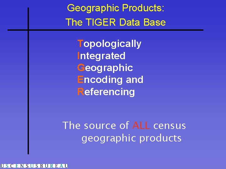Geographic Products: The TIGER Data Base Topologically Integrated Geographic Encoding and Referencing The source