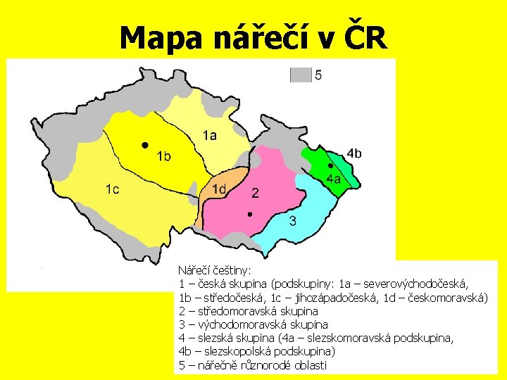 Mapa nářečí v ČR Nářečí češtiny: 1 – česká skupina (podskupiny: 1 a –