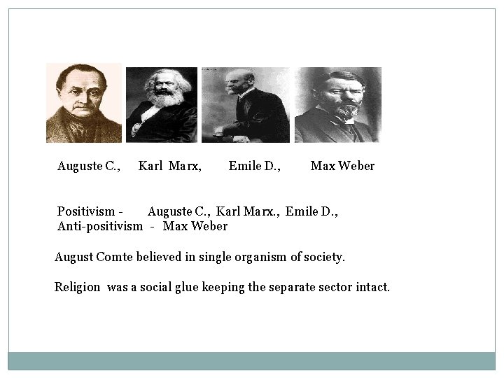 Auguste C. , Karl Marx, Emile D. , Max Weber Positivism Auguste C. ,