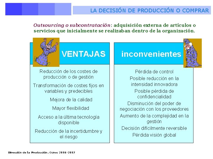 LA DECISIÓN DE PRODUCCIÓN O COMPRAR Outsourcing o subcontratación: adquisición externa de artículos o LA DECISIÓN DE PRODUCCIÓN O COMPRAR Outsourcing o subcontratación: adquisición externa de artículos o