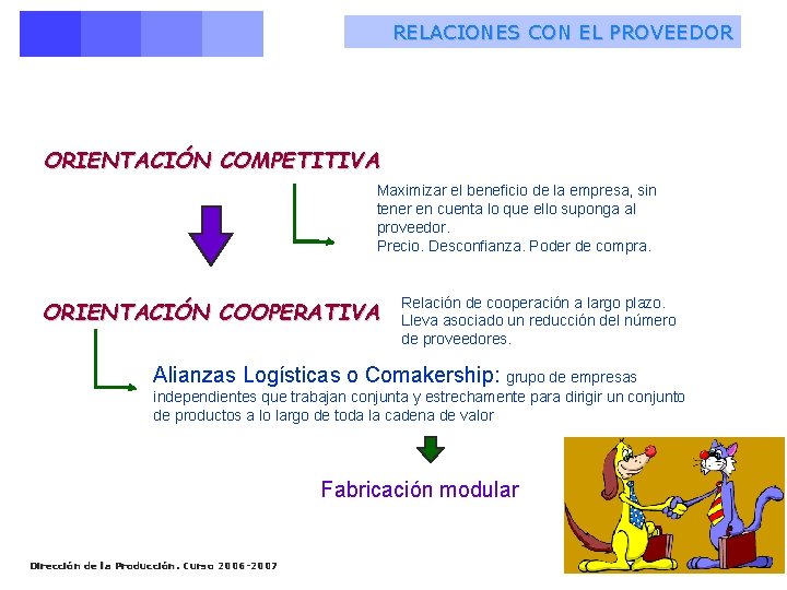 RELACIONES CON EL PROVEEDOR ORIENTACIÓN COMPETITIVA Maximizar el beneficio de la empresa, sin tener RELACIONES CON EL PROVEEDOR ORIENTACIÓN COMPETITIVA Maximizar el beneficio de la empresa, sin tener