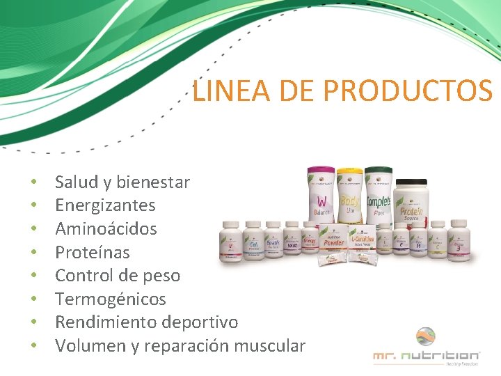 LINEA DE PRODUCTOS • • Salud y bienestar Energizantes Aminoácidos Proteínas Control de peso