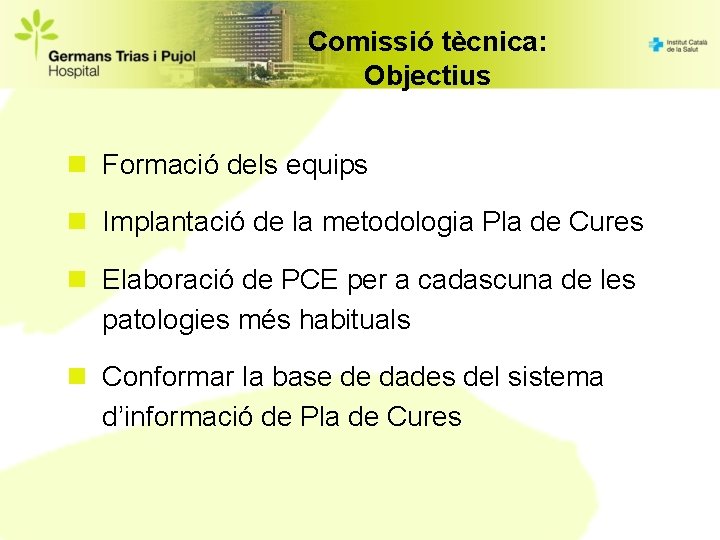 Comissió tècnica: Objectius n Formació dels equips n Implantació de la metodologia Pla de