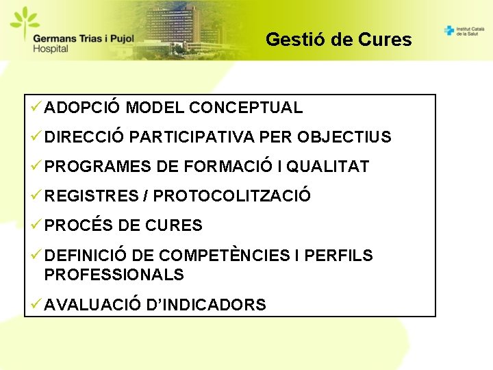 Gestió de Cures ü ADOPCIÓ MODEL CONCEPTUAL ü DIRECCIÓ PARTICIPATIVA PER OBJECTIUS ü PROGRAMES