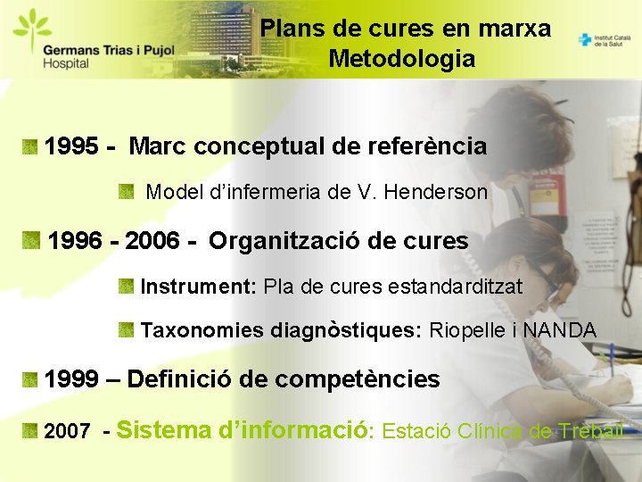 Plans de cures en marxa Metodologia 1995 - Marc conceptual de referència Model d’infermeria