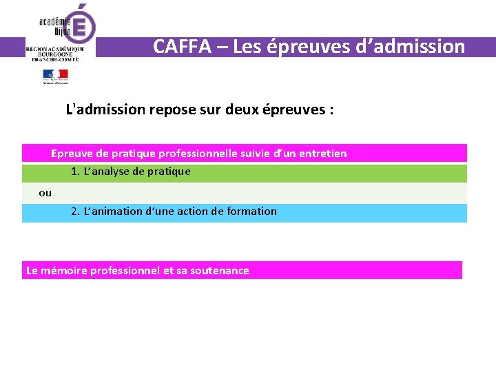 CAFFA – Les épreuves d’admission L'admission repose sur deux épreuves : Epreuve de pratique
