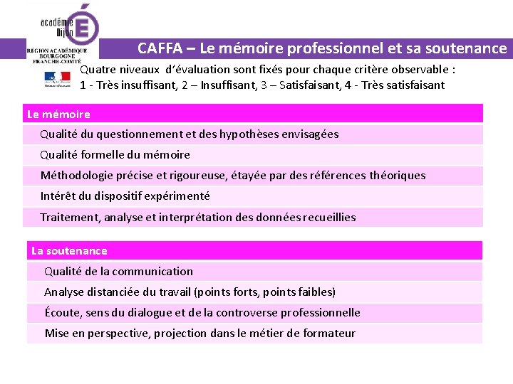 CAFFA – Le mémoire professionnel et sa soutenance Quatre niveaux d’évaluation sont fixés pour