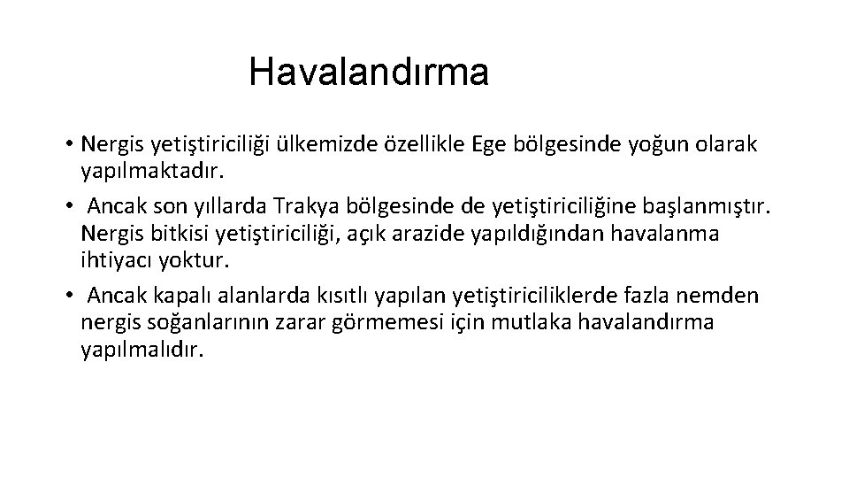 Havalandırma • Nergis yetiştiriciliği ülkemizde özellikle Ege bölgesinde yoğun olarak yapılmaktadır. • Ancak son