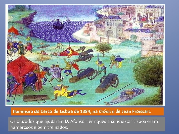 Iluminura do Cerco de Lisboa de 1384, na Crónica de Jean Froissart. Os cruzados