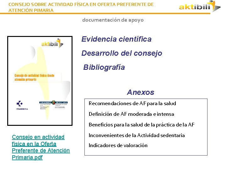 CONSEJO SOBRE ACTIVIDAD FÍSICA EN OFERTA PREFERENTE DE ATENCIÓN PIMARIA documentación de apoyo Evidencia