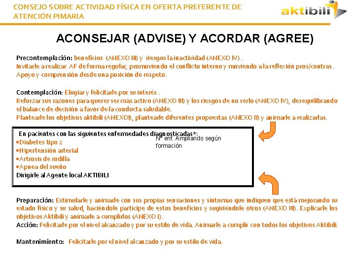 CONSEJO SOBRE ACTIVIDAD FÍSICA EN OFERTA PREFERENTE DE ATENCIÓN PIMARIA ACONSEJAR (ADVISE) Y ACORDAR