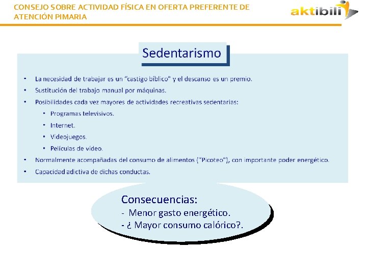 CONSEJO SOBRE ACTIVIDAD FÍSICA EN OFERTA PREFERENTE DE ATENCIÓN PIMARIA Consecuencias: - Menor gasto