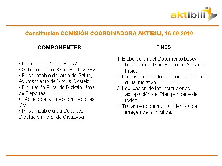 Constitución COMISIÓN COORDINADORA AKTIBILI, 15 -09 -2010 COMPONENTES • Director de Deportes, GV •