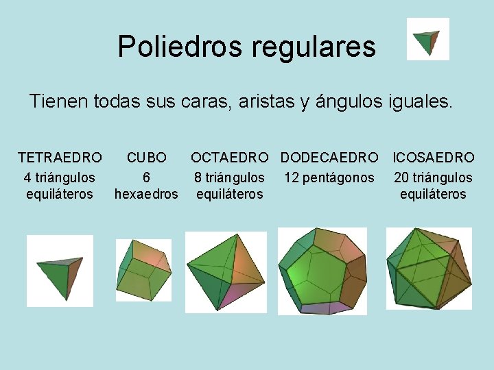 Poliedros regulares Tienen todas sus caras, aristas y ángulos iguales. TETRAEDRO CUBO OCTAEDRO DODECAEDRO