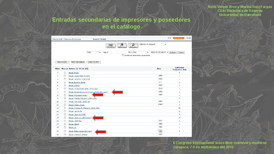 Entradas secundarias de impresores y poseedores en el catálogo Neus Verger Arce y Marina