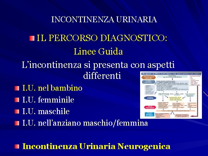 INCONTINENZA URINARIA IL PERCORSO DIAGNOSTICO: Linee Guida L’incontinenza si presenta con aspetti differenti I.