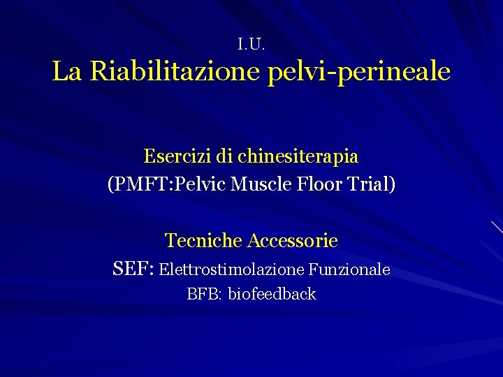 I. U. La Riabilitazione pelvi-perineale Esercizi di chinesiterapia (PMFT: Pelvic Muscle Floor Trial) Tecniche