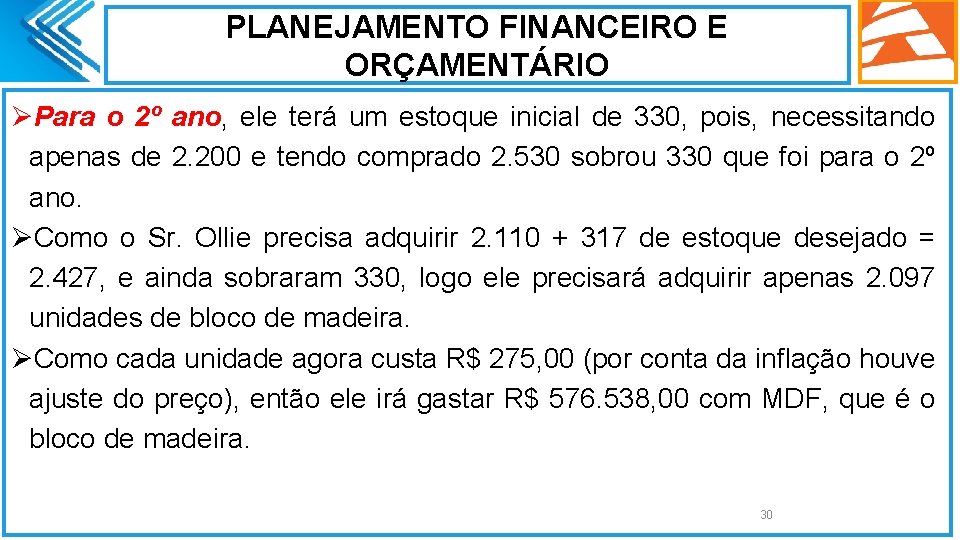 PLANEJAMENTO FINANCEIRO E ORÇAMENTÁRIO ØPara o 2º ano, ele terá um estoque inicial de