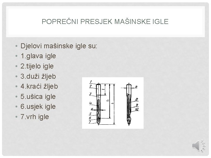 POPREČNI PRESJEK MAŠINSKE IGLE • • Djelovi mašinske igle su: 1. glava igle 2.