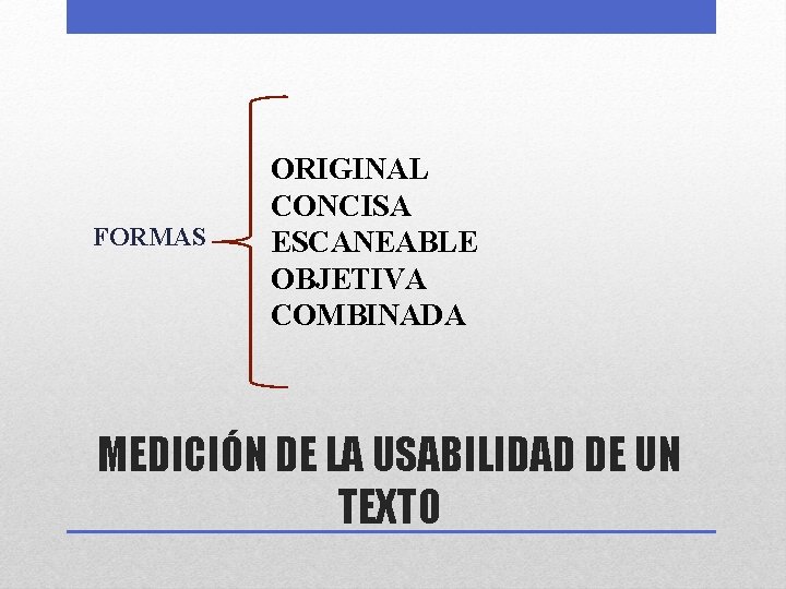 FORMAS ORIGINAL CONCISA ESCANEABLE OBJETIVA COMBINADA MEDICIÓN DE LA USABILIDAD DE UN TEXTO 