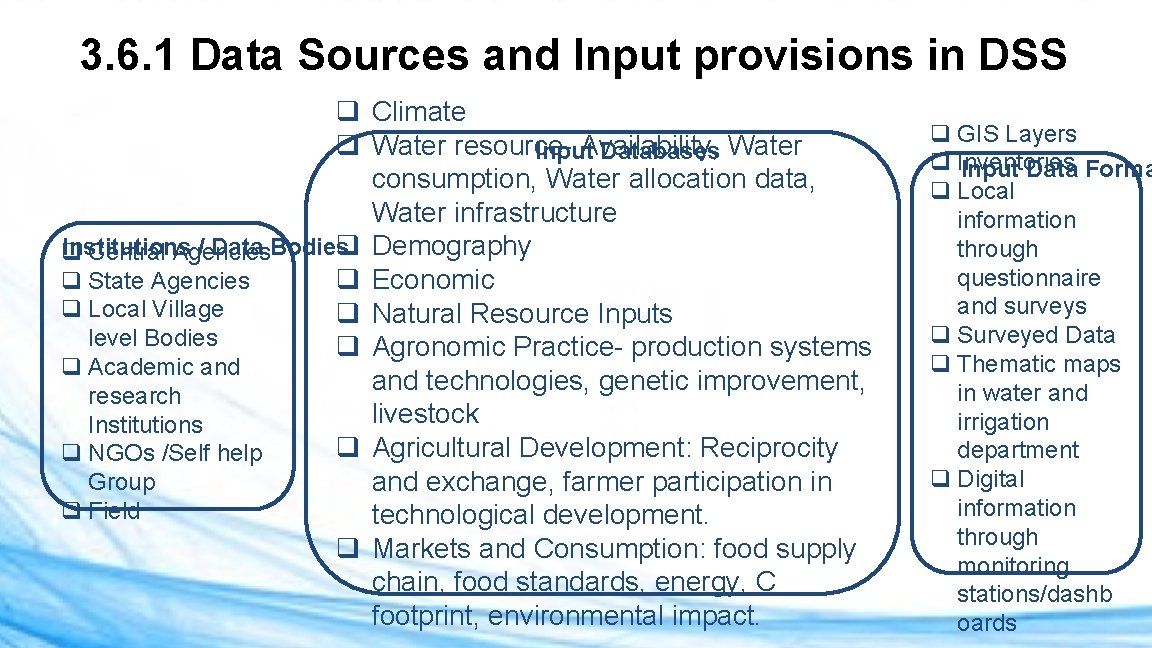 3. 6. 1 Data Sources and Input provisions in DSS q Climate q Water