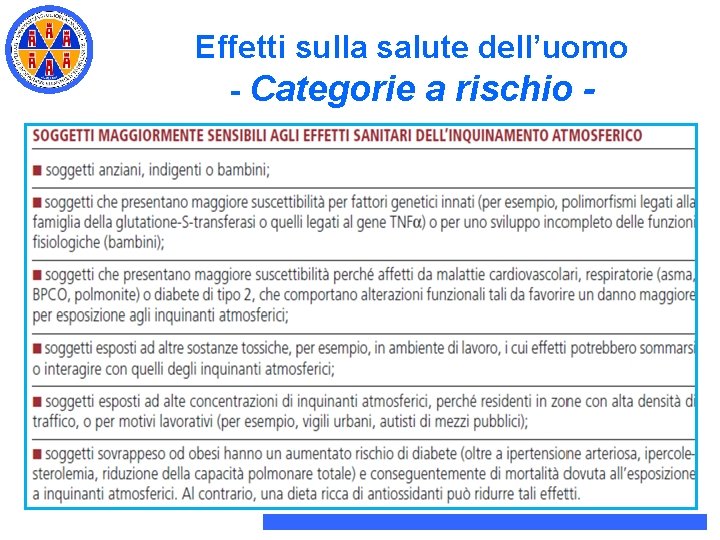 Effetti sulla salute dell’uomo - Categorie a rischio - Effetti sulla salute dell’uomo - Categorie a rischio -