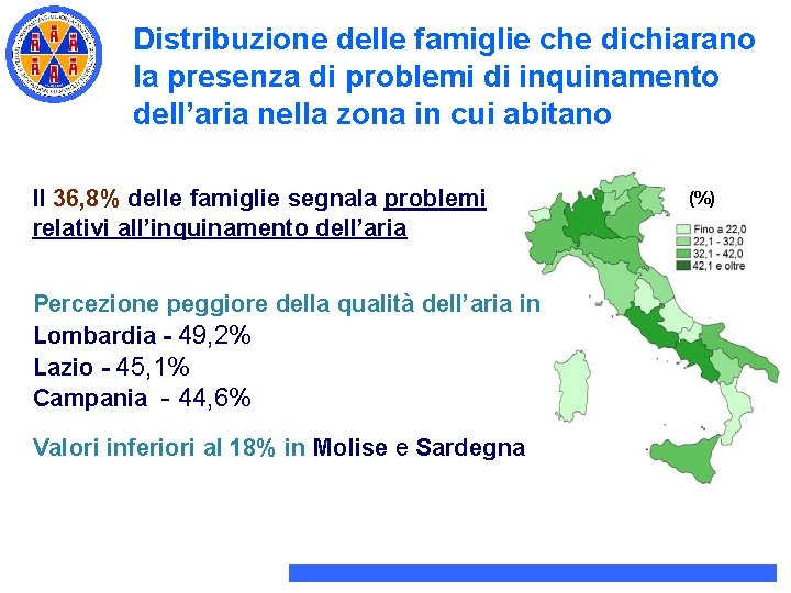 Distribuzione delle famiglie che dichiarano la presenza di problemi di inquinamento dell’aria nella zona Distribuzione delle famiglie che dichiarano la presenza di problemi di inquinamento dell’aria nella zona