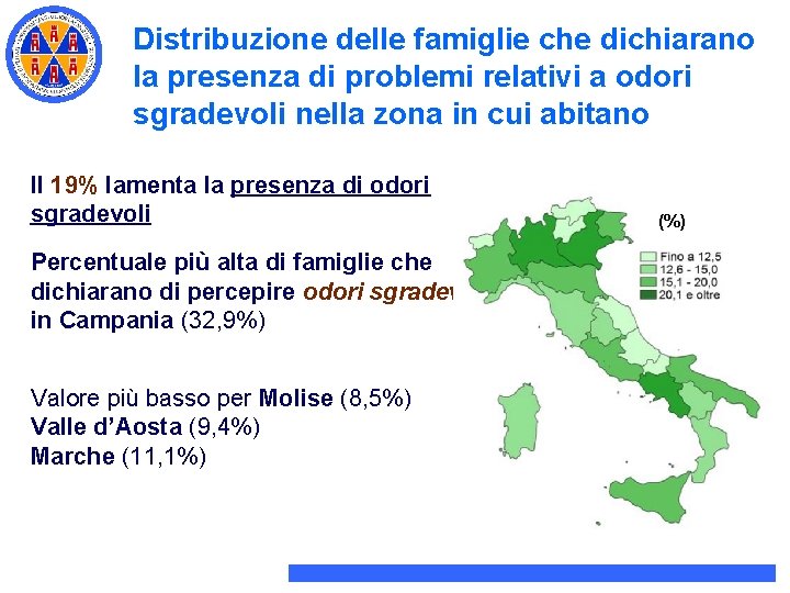 Distribuzione delle famiglie che dichiarano la presenza di problemi relativi a odori sgradevoli nella Distribuzione delle famiglie che dichiarano la presenza di problemi relativi a odori sgradevoli nella