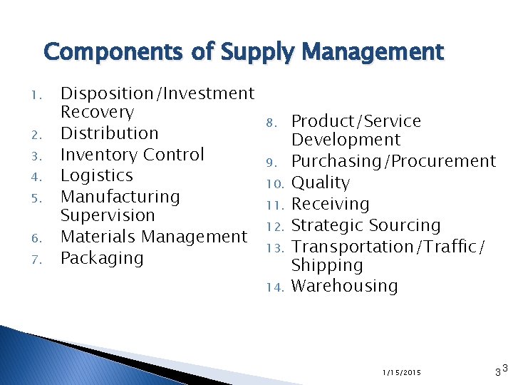 Components of Supply Management 1. 2. 3. 4. 5. 6. 7. Disposition/Investment Recovery Distribution Components of Supply Management 1. 2. 3. 4. 5. 6. 7. Disposition/Investment Recovery Distribution