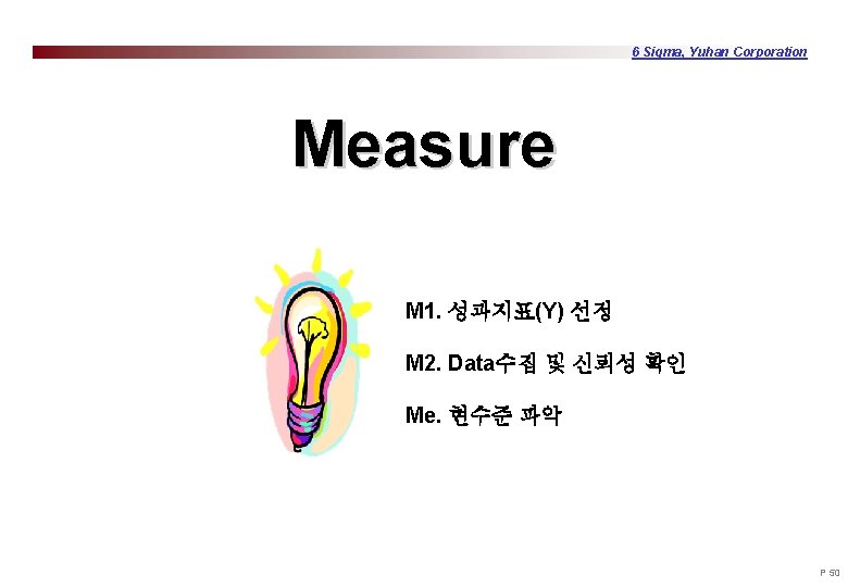 6 Sigma, Yuhan Corporation Measure M 1. 성과지표(Y) 선정 M 2. Data수집 및 신뢰성