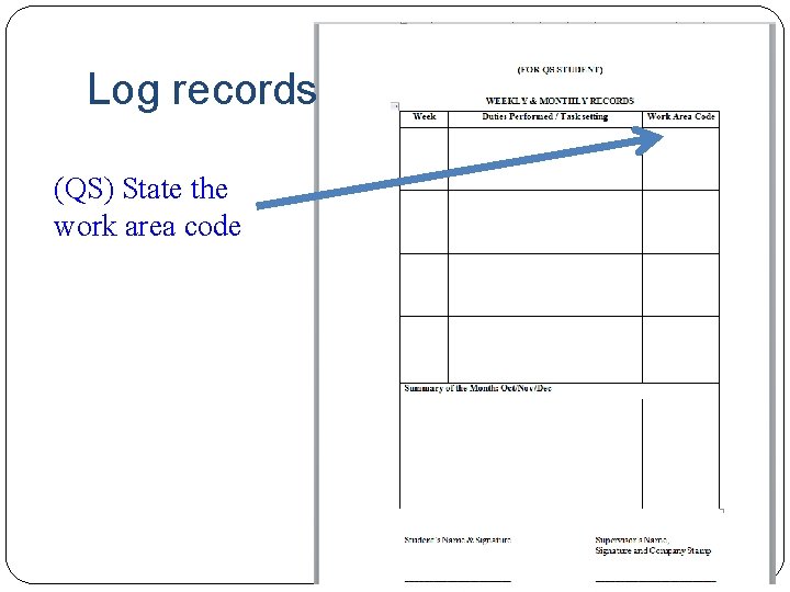 Log records (QS) State the work area code 