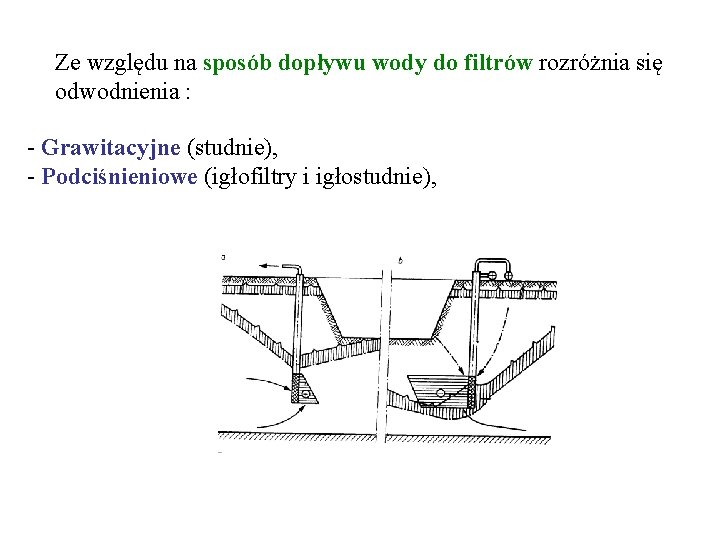 Ze względu na sposób dopływu wody do filtrów rozróżnia się odwodnienia : - Grawitacyjne