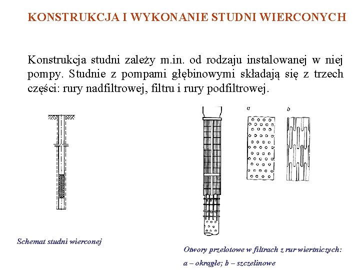 KONSTRUKCJA I WYKONANIE STUDNI WIERCONYCH Konstrukcja studni zależy m. in. od rodzaju instalowanej w