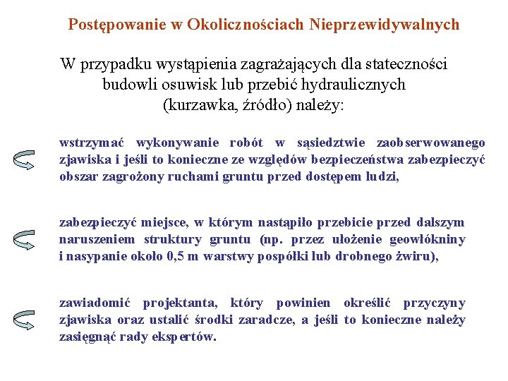 Postępowanie w Okolicznościach Nieprzewidywalnych W przypadku wystąpienia zagrażających dla stateczności budowli osuwisk lub przebić