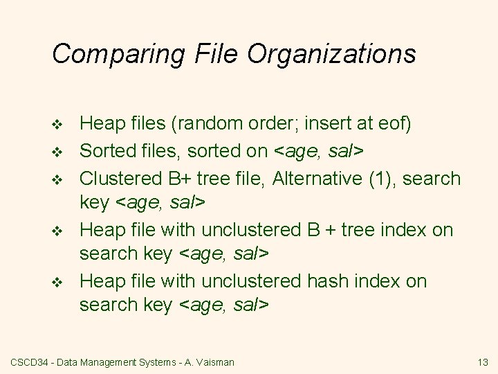 Comparing File Organizations v v v Heap files (random order; insert at eof) Sorted