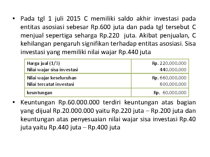  • Pada tgl 1 juli 2015 C memiliki saldo akhir investasi pada entitas