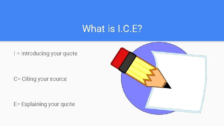 What is I. C. E? I = Introducing your quote C= Citing your source