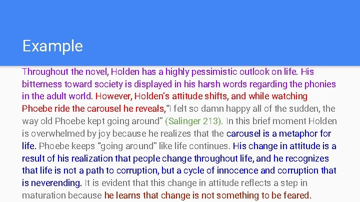 Example Throughout the novel, Holden has a highly pessimistic outlook on life. His bitterness