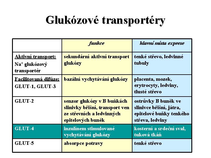 Glukózové transportéry funkce Aktivní transport: Na+ glukózový transportér hlavní místa exprese sekundární aktivní transport