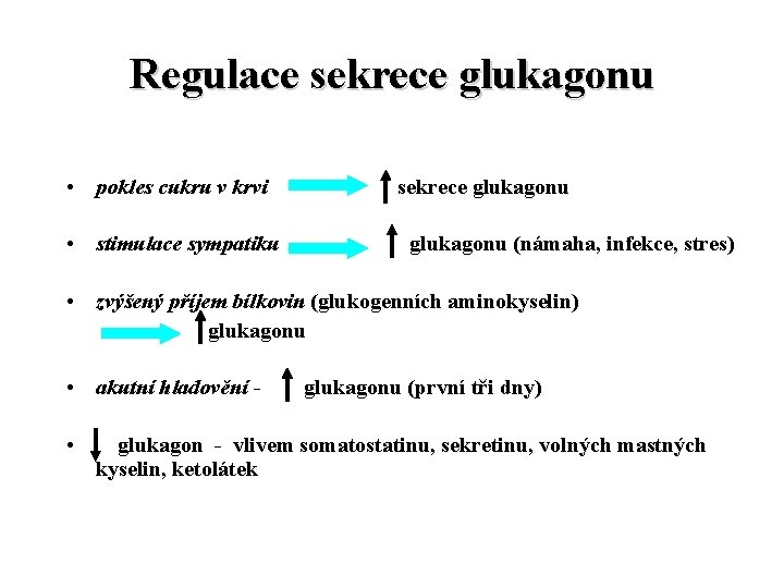 Regulace sekrece glukagonu • pokles cukru v krvi • stimulace sympatiku sekrece glukagonu (námaha,