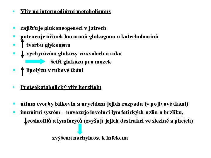  • Vliv na intermediární metabolismus § zajišťuje glukoneogenezi v játrech § potencuje účinek