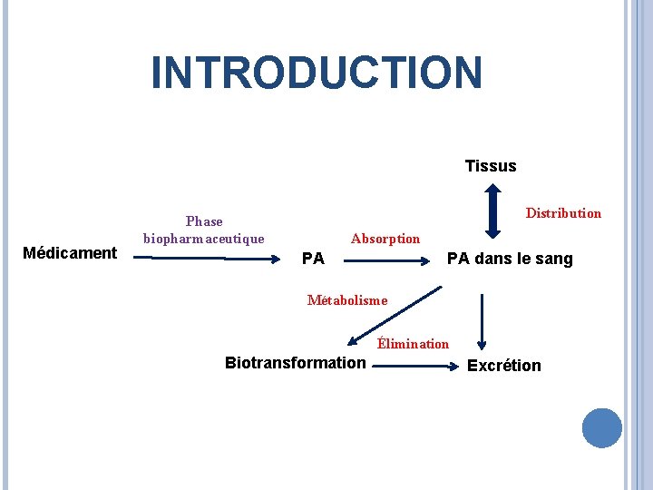  INTRODUCTION Tissus Médicament Distribution Phase biopharmaceutique Absorption PA dans le sang PA Métabolisme