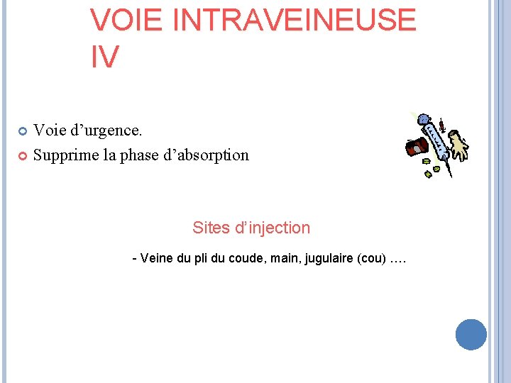 VOIE INTRAVEINEUSE IV IV Voie d’urgence. Supprime la phase d’absorption Sites d’injection - Veine