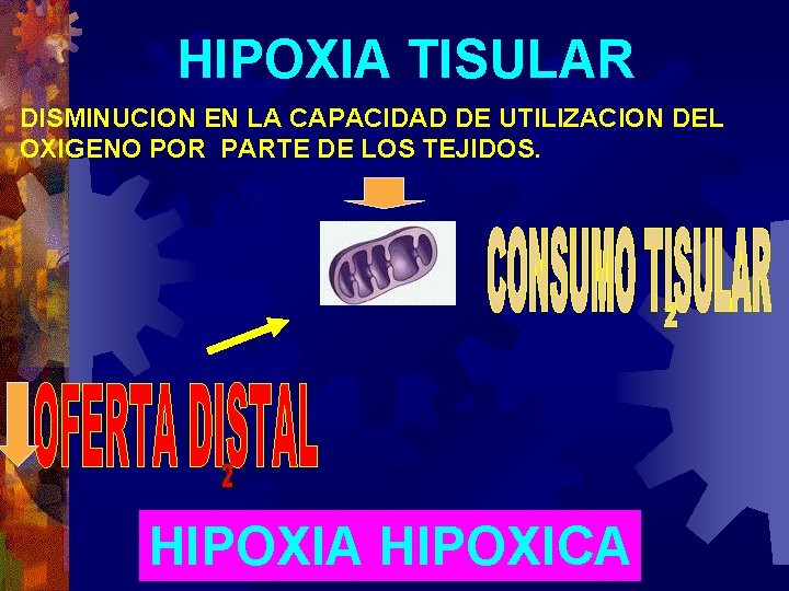 HIPOXIA TISULAR DISMINUCION EN LA CAPACIDAD DE UTILIZACION DEL OXIGENO POR PARTE DE LOS HIPOXIA TISULAR DISMINUCION EN LA CAPACIDAD DE UTILIZACION DEL OXIGENO POR PARTE DE LOS