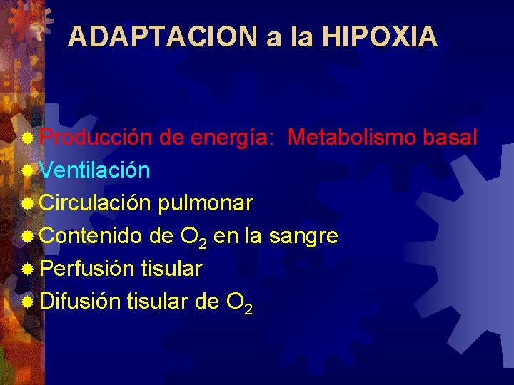 ADAPTACION a la HIPOXIA ® Producción de energía: Metabolismo basal ® Ventilación ® Circulación ADAPTACION a la HIPOXIA ® Producción de energía: Metabolismo basal ® Ventilación ® Circulación