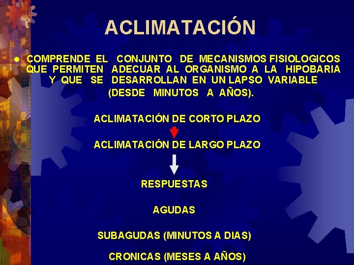 ACLIMATACIÓN ® COMPRENDE EL CONJUNTO DE MECANISMOS FISIOLOGICOS QUE PERMITEN ADECUAR AL ORGANISMO A ACLIMATACIÓN ® COMPRENDE EL CONJUNTO DE MECANISMOS FISIOLOGICOS QUE PERMITEN ADECUAR AL ORGANISMO A