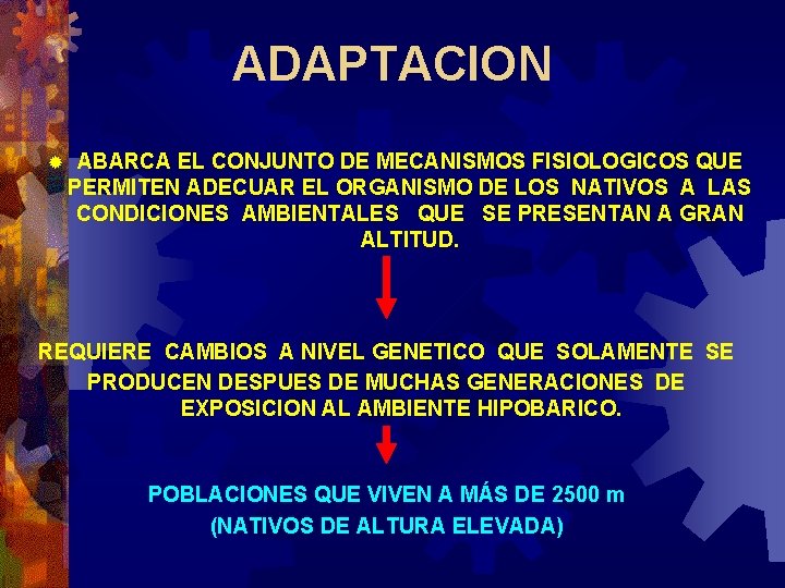 ADAPTACION ® ABARCA EL CONJUNTO DE MECANISMOS FISIOLOGICOS QUE PERMITEN ADECUAR EL ORGANISMO DE ADAPTACION ® ABARCA EL CONJUNTO DE MECANISMOS FISIOLOGICOS QUE PERMITEN ADECUAR EL ORGANISMO DE