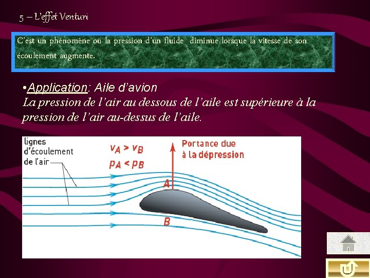 5 – L’effet Venturi C’est un phénomène où la pression d’un fluide diminue lorsque